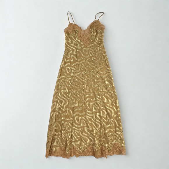 Victoria's Secret Other - Vtg Victoria's Secret Maxi Slip Dress Womens XS Gold Lace Fairycore Glam Chemise